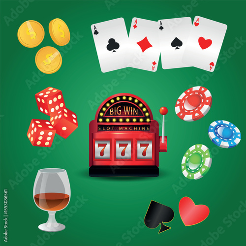 Casino elements, cards, slot machine, pawns, dice, glass with drink, money
