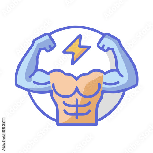 Stylized athletic vector icon on transparent background with flat design showing muscle definition in violet beige yellow colors perfect for contemporary fitness approach branding