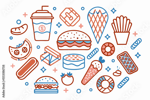 Clean vector illustration of junk snack collection with minimalist geometric snack designs and contemporary food iconography perfect for unhealthy eating concept materials

