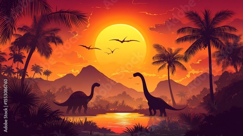Prehistoric Paradise: Dinosaurs Roaming Under a Fiery Sunset, an Ethereal Scene