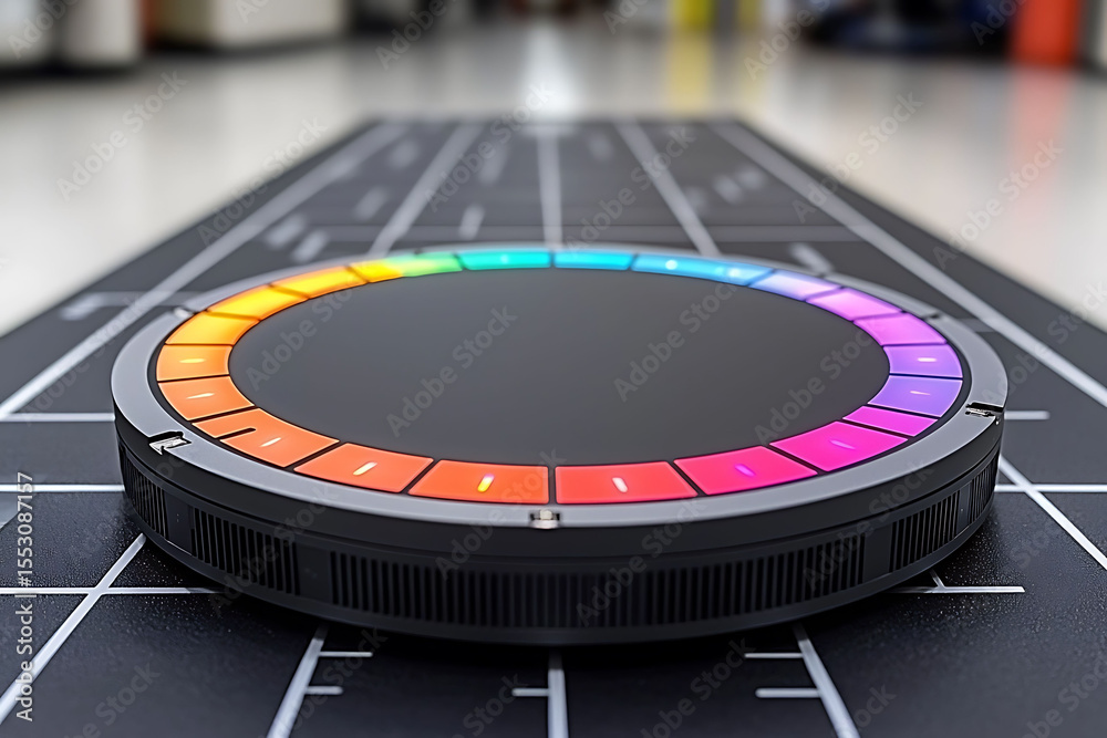 Obraz premium Futuristic circular device with vibrant rainbow LED lights, resting on a gridded surface. Represents innovation, technology, and data visualization. Ideal for tech, science, and design concepts.