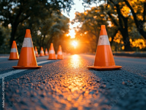 selective focus, traffic cones placed for road repair