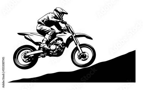 black and white vector of motocross rider on dirt bike riding uphill in engraving style