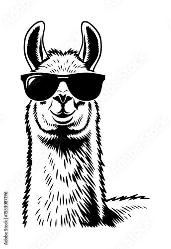 vector illustration of smiling llama wearing sunglasses, in fun engraving style
