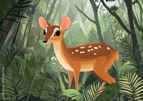 A mouse deer looking for food in the forest background