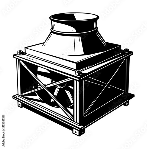 Bold black and white drawing of an industrial ventilation fan enclosed in a protective frame, used for cooling and airflow control systems