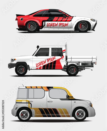 Three Customized Cars with Unique Designs and Colors on a White Background