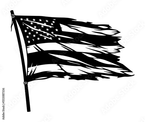 Worn and torn American flag blowing in the wind, stylized in bold black and white to convey themes of endurance, decay, or conflict