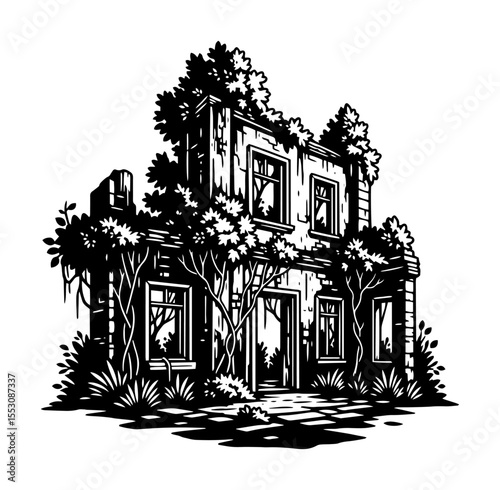 Post-Apocalyptic Building Black and White Illustration