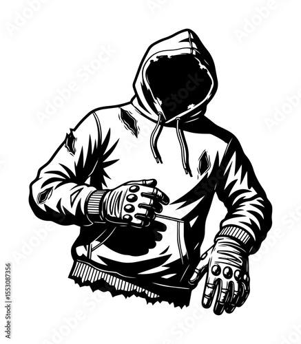 Dark, faceless figure in a torn hoodie and gloves, illustrated in bold black and white with a gritty, urban survival aesthetic