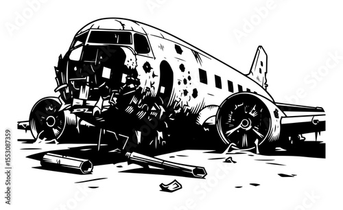 Wrecked airplane with broken parts and bullet holes, drawn in bold black and white style, evoking danger, war, or survival aftermath