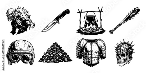black and white vector set of post-apocalyptic icons including weapons, armor, and survival gear