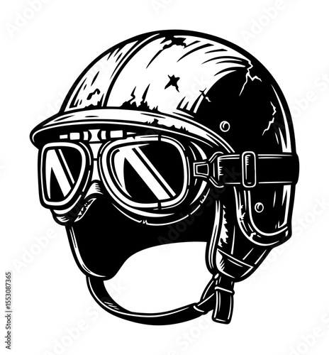 black and white vector of vintage pilot helmet with goggles in engraving style