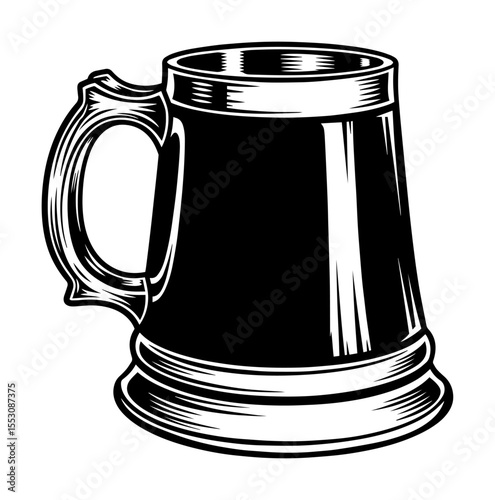 black and white vector illustration of a beer mug in vintage engraving style