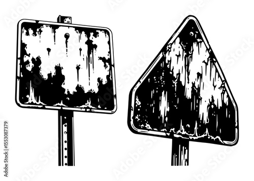 Aged and rusted road signs without text, covered in decay and wear, illustrated in high-contrast black and white with a postapocalyptic tone