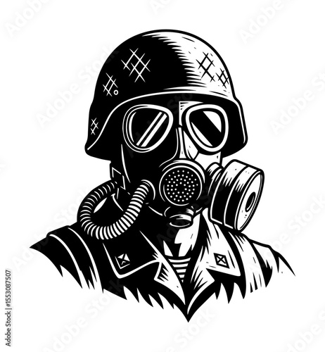 Soldier in gas mask – black and white military vector