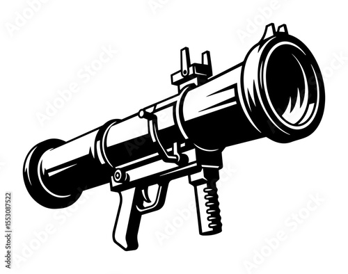 black and white vector of a military bazooka in vintage engraving style, isolated on white background