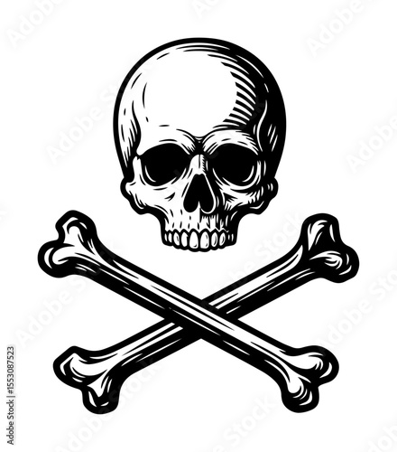 vintage black and white vector of skull and crossed bones in engraving tattoo style