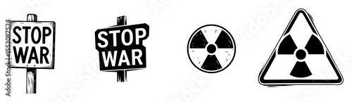 set of black and white vector protest and warning signs with antiwar and radiation symbols