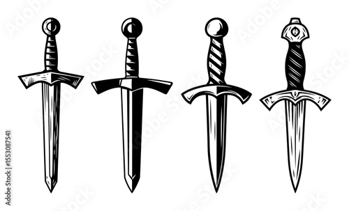 black and white vector set of four medieval-style daggers in engraving style