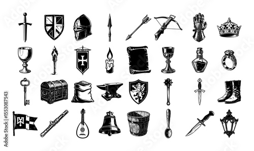 black and white vector set of medieval objects including weapons, shields, crowns, and tools