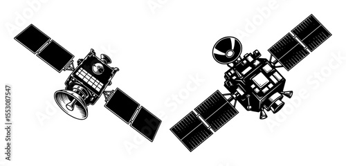 black and white vector of two detailed orbiting communication satellites