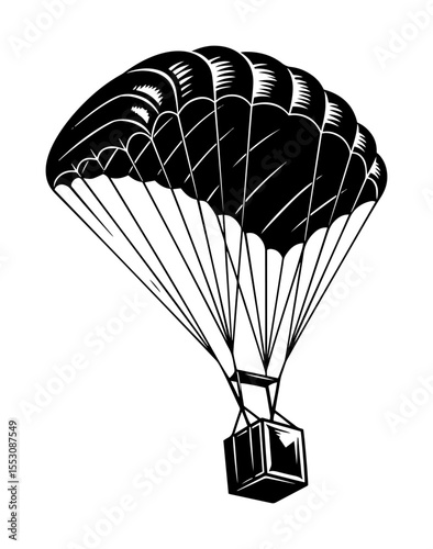 black and white vector illustration of parachute with cargo box