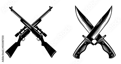 black and white vector set of crossed rifles and crossed knives in vintage engraving style