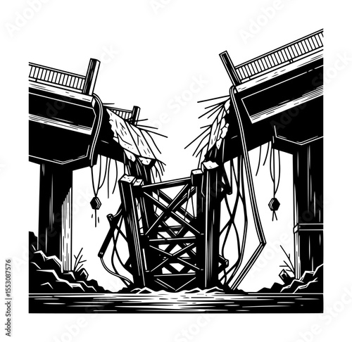 Stylized black and white illustration of a collapsed bridge over water. Vintage disaster engraving