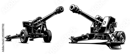 detailed vector of two artillery cannons in vintage engraving style, suitable for military, history, or weapon themed design