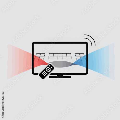 Smart T V Remote Control Interface Red Blue Light Waves Display Screen Grid Pattern Wireless Technology Illustration