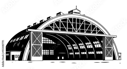 Black and white vector of a large military or airport hangar with arched roof. Architectural illustration