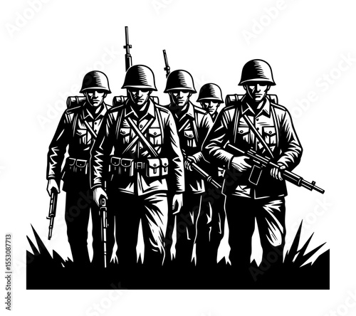 Marching soldiers – black and white infantry vector illustration