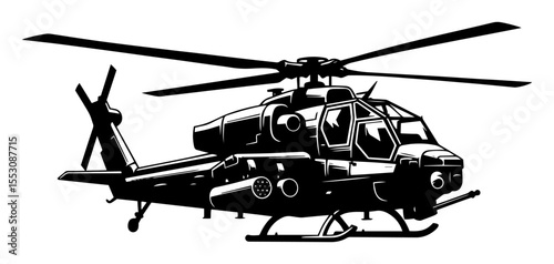 Black and white vector illustration of a combat attack helicopter with weapons. Tactical military design