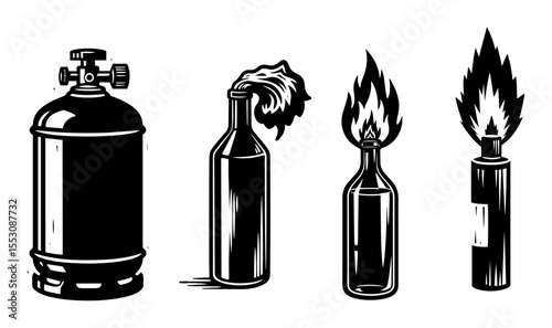 Molotov cocktail set – black and white incendiary weapons vector