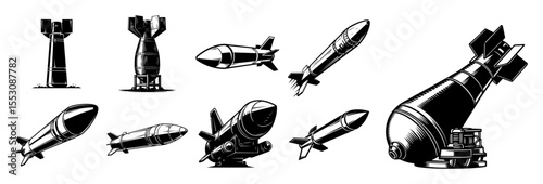 collection of black and white vector illustrations of various bombs and missiles, perfect for military and war themed designs