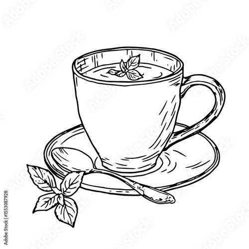 Porcelain mug with tea on a saucer, black and white ink sketch. Vector illustration. Mug of hot tea with mint leaves, isolated on a white background. Theme is cuisine, cooking, cafes and restaurants