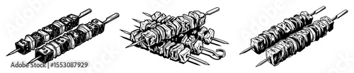 barbecue kebab skewers in hand drawn engraving style