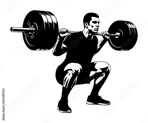 weightlifter squatting with heavy barbell – black and white vector