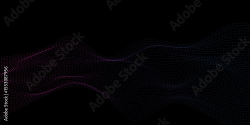 Abstract wavy dotted curved line dark black background. vector futuristic background with particle waves Beautiful shaped array of glowing line. abstract volume voice technology vibrate and music bg.	