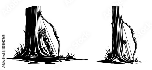 archery bow and arrows resting on tree stump – vintage vector