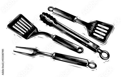 BBQ grill tools set black and white vector illustration