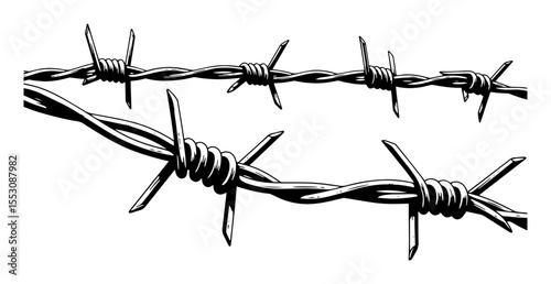 Black and white vector illustration of barbed wire strands, perfect for security, danger, and military themes