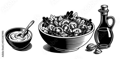 Fresh salad with dressing and olive oil black and white vector