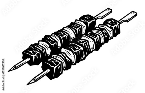 Meat and vegetable skewers black and white vector illustration