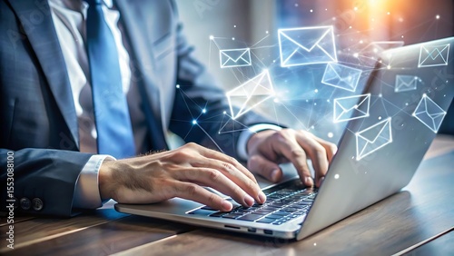 Person typing on a laptop with digital emails appearing above the keyboard