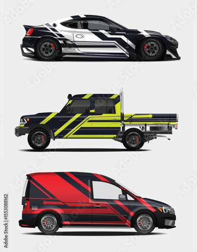 Three Customized Vehicles A Sports Car Truck and Van with Unique Wraps