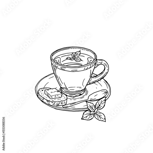 Porcelain coffee mug on a saucer and buttered sandwich, black and white ink sketch. Vector illustration. Mug of hot tea with mint leaves, isolated on white background. For menus, cookbooks, and cafes