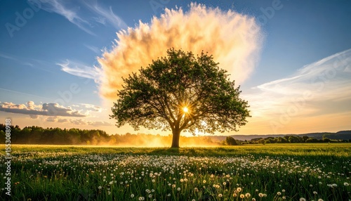 Wallpaper Mural Golden Sunset Illuminating A Tree In A Meadow Torontodigital.ca