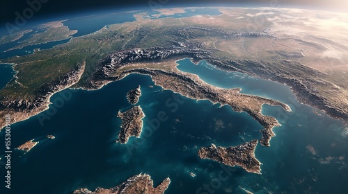 Fototapeta Naklejka Na Ścianę i Meble -  Italy Earth View Satellite Italian Peninsula Geography Mediterranean Sea Alps Corsica Sardinia